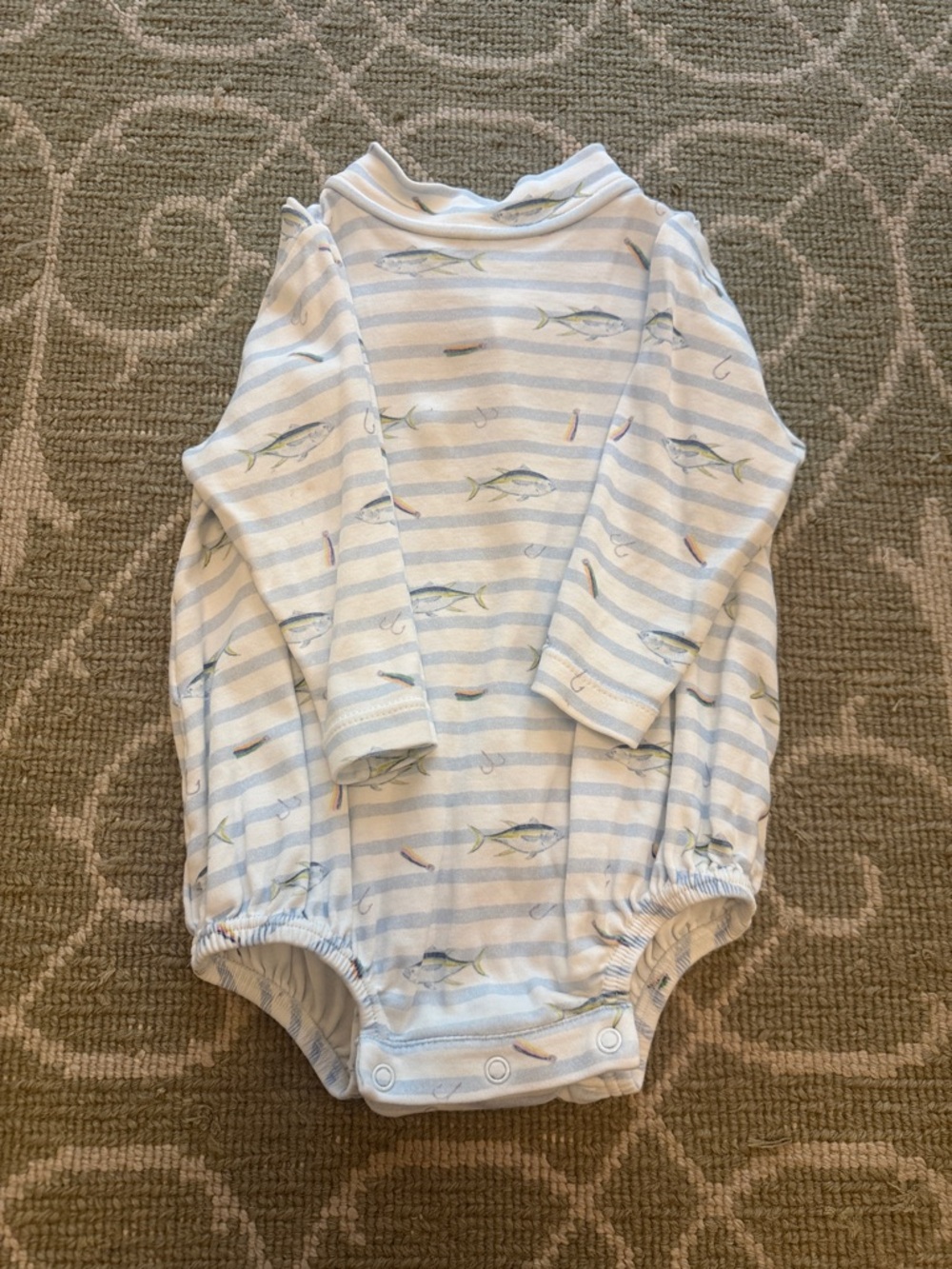 Lullaby Set Baby Long-Sleeve One-Piece in Light Blue Stripes Fish Print 12M